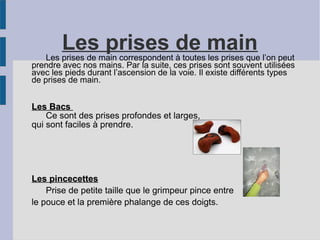 Les prises de mainLes prises de main correspondent à toutes les prises que l’on peut
prendre avec nos mains. Par la suite, ces prises sont souvent utilisées
avec les pieds durant l’ascension de la voie. Il existe différents types
de prises de main.
Les BacsLes Bacs
Ce sont des prises profondes et larges,
qui sont faciles à prendre.
Les pincecettesLes pincecettes
Prise de petite taille que le grimpeur pince entre
le pouce et la première phalange de ces doigts.
 