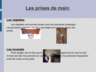 Les prises de main
Les réglettesLes réglettes
Les réglettes sont souvent prises avec les premières phalanges.
Les grimpeurs doivent « arquer » les doigts pour tenir au mieux ces
prises.
Les inversésLes inversés
Prise dirigée vers le bas que le grimpeur prend poignet tourné vers le haut.
Il incite soit des mouvements en care externe, soit des mouvements d'opposition
entre les mains et les pieds.
 