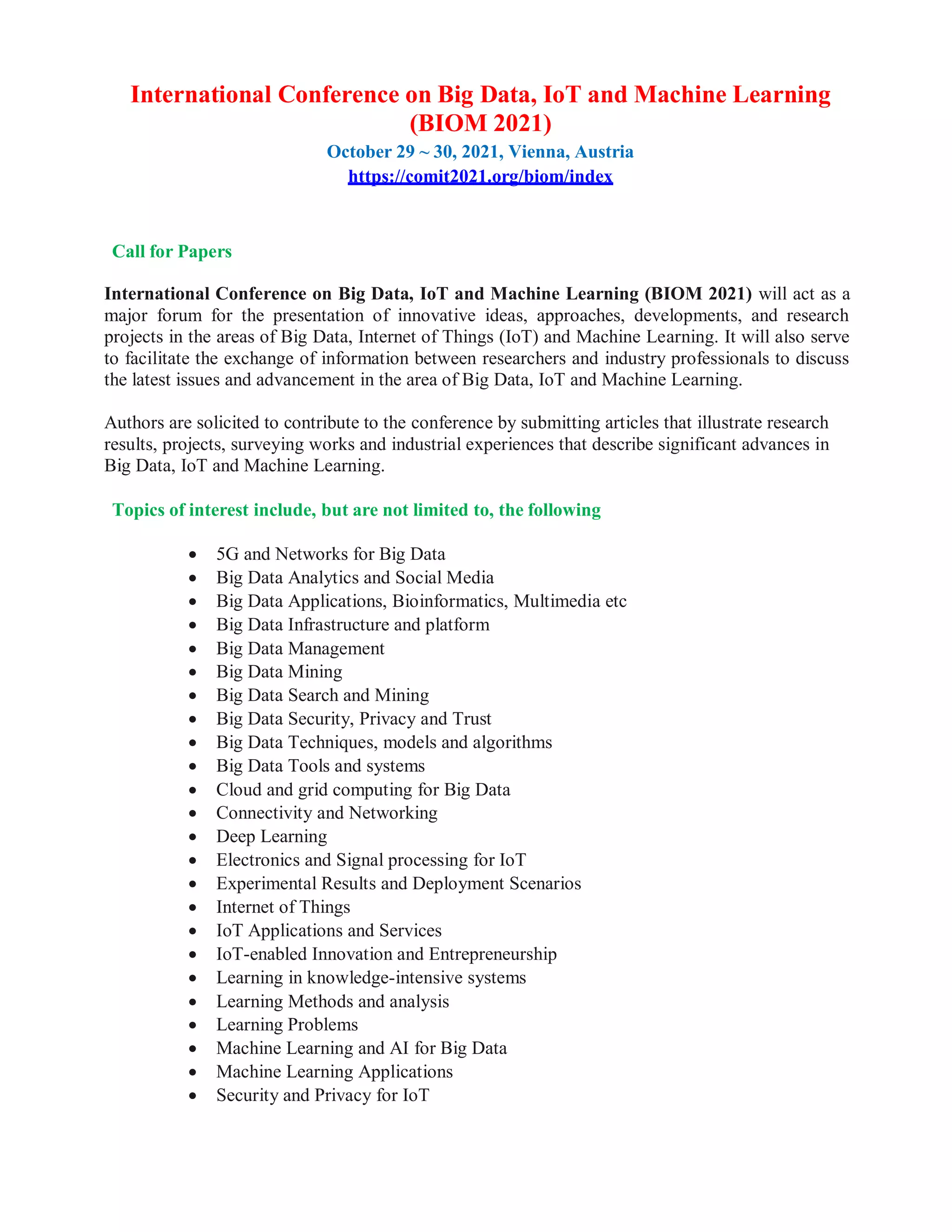 International Conference on Big Data, IoT and Machine Learning (BIOM ...