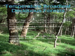 Broadleaf: ‘ (  broad  =  something wide/large in size ) ; (  leaf  = ‘one of the flattened usually green parts that grow as extensions of a plants stem’) Deciduous: ‘falling off or shed at a particularly season or stage of growth. Opposite of  evergreen’ Location: Europe, Eastern U.S, Canada, China and Japan. Average Rainfall: 30 to 60 inches per year ( 750 to 3.500 mm) Average Temperature: 10ºC Temperature Broadleaf  Deciduous Forests 