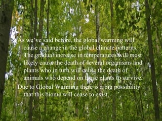 As we’ve said before, the global warming will cause a change in the global climate patterns. The gradual increase in temperatures will most likely cause the death of several organisms and plants who in turn will cause the death of animals who depend on these plants to survive.  Due to Global Warming there is a big possibility that this biome will cease to exist. 
