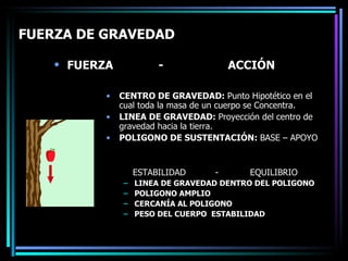FUERZA DE GRAVEDAD FUERZA -  ACCIÓN   CENTRO DE GRAVEDAD:  Punto Hipotético en el cual toda la masa de un cuerpo se Concentra.  LINEA DE GRAVEDAD:  Proyección del centro de gravedad hacia la tierra. POLIGONO DE SUSTENTACIÓN:  BASE – APOYO ESTABILIDAD  -  EQUILIBRIO LINEA DE GRAVEDAD DENTRO DEL POLIGONO  POLIGONO AMPLIO CERCANÍA AL POLIGONO  PESO DEL CUERPO  ESTABILIDAD 