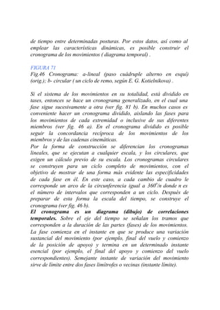 de tiempo entre determinadas posturas. Por estos datos, así como al
emplear las características dinámicas, es posible construir el
cronograma de los movimientos ( diagrama temporal) .

FIGURA 71
Fig.46 Cronograma: a-lineal (paso cuádruple alterno en esquí)
(orig.); b- circular ( un ciclo de remo, según E. G. Kotielnikova) .

Si el sistema de los movimientos en su totalidad, está dividido en
tases, entonces se hace un cronograma generalizado, en el cual una
fase sigue sucesivamente a otra (ver fig. 81 b). En muchos casos es
conveniente hacer un cronograma dividido, aislando las fases para
los movimientos de cada extremidad o inclusive de sus diferentes
miembros (ver fig. 46 a). En el cronograma dividido es posible
seguir la concordancia recíproca de los movimientos de los
miembros y de las cadenas cinemáticas.
Por la forma de construcción se diferencian los cronogramas
lineales, que se ejecutan a cualquier escala, y los circulares, que
exigen un cálculo previo de su escala. Los cronogramas circulares
se construyen para un ciclo completo de movimientos, con el
objetivo de mostrar de una forma más evidente las especificidades
de cada fase en él. En este caso, a cada cambio de cuadro le
corresponde un arco de la circunferencia igual a 360o/n donde n es
el número de intervalos que corresponden a un ciclo. Después de
preparar de esta forma la escala del tiempo, se construye el
cronograma (ver fig. 46 b).
El cronograma es un diagrama (dibujo) de correlaciones
temporales. Sobre el eje del tiempo se señalan los tramos que
corresponden a la duración de las partes (fases) de los movimientos.
La fase comienza en el instante en que se produce una variación
sustancial del movimiento (por ejemplo, final del vuelo y comienzo
de la posición de apoyo) y termina en un determinado instante
esencial (por ejemplo, el final del apoyo y comienzo del vuelo
correspondientes). Semejante instante de variación del movimiento
sirve de límite entre dos fases limítrofes o vecinas (instante límite).
 