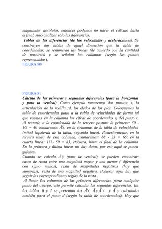 magnitudes absolutas, entonces podemos no hacer el cálculo hasta
el final, sino analizar sólo las diferencias.
 Tablas de las diferencias (de las velocidades y aceleraciones). Se
construyen dos tablas de igual dimensión que la tabla de
coordenadas, se renumeran las líneas (de acuerdo con la cantidad
de posturas) y se señalan las columnas (según los puntos
representados).
FIGURA 80




FIGURA 81
Cálculo de las primeras y segundas diferencias (para la horizontal
y para la vertical). Como ejemplo tomaremos dos puntos: s, la
articulación de la rodilla ;d, los dedos de los pies. Coloquemos la
tabla de coordenadas junto a la tabla de velocidades de forma tal
que veamos en la columna las cifras de coordenadas sx del punto s.
Al restarle a la coordenada de la tercera postura la primera: 50 -
1O = 40 anotaremos Ä'x, en la columnas de la tabla de velocidades
(mitad izquierda de la tabla, segunda línea). Posteriormente, en la
tercera línea de esta columna, anotaremos: 88 - 23 = 65; en la
cuarta línea: 133- 50 = 83, etcétera, hasta el final de la columna.
En la primera y última líneas no hay datos, por eso aquí se ponen
guiones.
Cuando se calcula Ä’y (para la vertical), se pueden encontrar:
casos de resta entre una magnitud mayor y una menor ( diferencia
con signo menos); resta de magnitudes negativas (hay que
sumarlas); resta de una magnitud negativa, etcétera; aquí hay que
seguir las correspondientes reglas de la resta .
 Al llenar las columnas de las primeras diferencias, para cualquier
punto del cuerpo, esto permite calcular las segundas diferencias. En
las tablas 6 y 7 se presentan los Ä'x, Ä’y,Ä’’x y Ä ’’y calculados
también para el punto d (según la tabla de coordenadas). Hay que
 