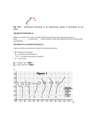 0
                                a


Fig. 10.7:      Aceleraciones horizontale de las articulaciones, durante el lanzamiento de una
pelota.

TRABAJO INDIVIDUAL

Realizar los calculos de v y a por el metodo de Diferenciacion Numerica por Aproximacion para el
punto______________ en las postura ___ a partir del grafico dado, del lanzamiento de pelota. Representelas
vectorialmente.

MOVIMIENTO: LANZAMIENTO DE PELOTA

Esquema de posturas para miembro superior en lanzamiento de pelota

-   n = el numero de la postura
-   f = 24 (la frecuencia de filmacion )
-   ^ C = 2 (el numero de cambios de cuadros)
-   e = 10 (la escala)

Kv = e f / 2 ^ C * 1000 =
Ka = e f 2 / 4 ^ C 2 *1000 =

Y




                                                                                          X
 