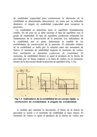 de estabilidad (capacidad para contrarrestar la alteración de la
estabilidad en determinadas direcciones), así como por su indicador
dinámico: el ángulo de estabilidad (capacidad para recuperar la
posición).
   La estabilidad se determina para el equilibrio limitadamente
estable. En tal caso no se debe mezclar el tipo de equilibrio con el
grado de estabilidad. El tipo de equilibrio condiciona solamente los
fundamentos de la conservación de la posición. Los indicadores de
la estabilidad, por su parte, determinan la medida de las
posibilidades de conservación de la posición. El indicador estático
de la estabilidad se halla por la relación entre dos momentos de
fuerza: el momento de estabilidad respecto al momento de vuelco.
Esta correlación se denomina coeficiente de estabilidad. El
momento, de estabilidad (límite) es igual al producto de la fuerza de
gravedad por su brazo respecto a la línea de vuelco, en el comienzo
mismo de la desviación desde la posición de equilibrio (Fig. 1.3a).




 Fig 1.3 Indicadores de la estabilidad de un cuerpo rígido: a,
 coeficiente de estabilidad; b ángulo de estabilidad.



   A medida que aumenta la desviación, el brazo de la fuerza de
gravedad se acorta y el momento de estabilidad se hace menor. El
momento de vuelco es igual al producto de la fuerza de vuelco por
 