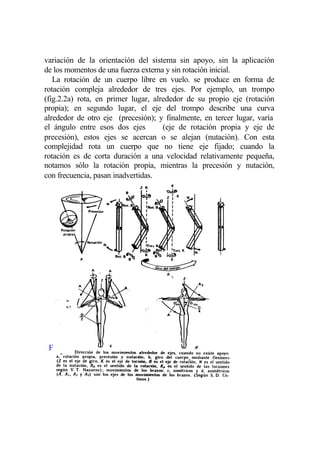 variación de la orientación del sistema sin apoyo, sin la aplicación
de los momentos de una fuerza externa y sin rotación inicial.
   La rotación de un cuerpo libre en vuelo. se produce en forma de
rotación compleja alrededor de tres ejes. Por ejemplo, un trompo
(fig.2.2a) rota, en primer lugar, alrededor de su propio eje (rotación
propia); en segundo lugar, el eje del trompo describe una curva
alrededor de otro eje (precesión); y finalmente, en tercer lugar, varía
el ángulo entre esos dos ejes        (eje de rotación propia y eje de
precesión), estos ejes se acercan o se alejan (nutación). Con esta
complejidad rota un cuerpo que no tiene eje fijado; cuando la
rotación es de corta duración a una velocidad relativamente pequeña,
notamos sólo la rotación propia, mientras la precesión y nutación,
con frecuencia, pasan inadvertidas.




 F
 