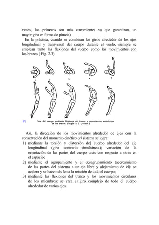 veces, los primeros son más convenientes va que garantizan. un
mayor giro en forma de pirueta)
  En la práctica, cuando se combinan los giros alrededor de los ejes
longitudinal y transversal del cuerpo durante el vuelo, siempre se
emplean tanto las flexiones del cuerpo como los movimientos con
los brazos ( Fig. 2.3).




Fi

  Así, la dirección de los movimientos alrededor de ejes con la
conservación del momento cinético del sistema se logra:
1) mediante la torsión y distorsión de] cuerpo alrededor del eje
   longitudinal (giro contrario simultáneo.); variación de la
   orientación de las partes del cuerpo unas con respecto a otras en
   el espacio;
2) mediante el agrupamiento y el desagrupamiento (acercamiento
   de las partes del sistema a un eje libre y alejamiento de él): se
   acelera y se hace más lenta la rotación de todo el cuerpo;
3) mediante las flexiones del tronco y los movimientos circulares
   de los miembros: se crea el giro complejo de todo el cuerpo
   alrededor de varios ejes.
 