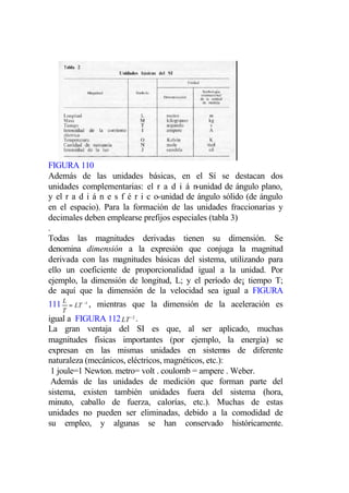 FIGURA 110
Además de las unidades básicas, en el Sí se destacan dos
unidades complementarias: el r a d i á n   -unidad de ángulo plano,
y el r a d i á n e s f é r i c o-unidad de ángulo sólido (de ángulo
en el espacio). Para la formación de las unidades fraccionarias y
decimales deben emplearse prefijos especiales (tabla 3)
.
Todas las magnitudes derivadas tienen su dimensión. Se
denomina dimensión a la expresión que conjuga la magnitud
derivada con las magnitudes básicas del sistema, utilizando para
ello un coeficiente de proporcionalidad igual a la unidad. Por
ejemplo, la dimensión de longitud, L; y el período de¡ tiempo T;
de aquí que la dimensión de la velocidad sea igual a FIGURA
111 L = LT −1 , mientras que la dimensión de la aceleración es
    T
igual a FIGURA 112 LT −2 .
La gran ventaja del SI es que, al ser aplicado, muchas
magnitudes físicas importantes (por ejemplo, la energía) se
expresan en las mismas unidades en sistemas de diferente
naturaleza (mecánicos, eléctricos, magnéticos, etc.):
 1 joule=1 Newton. metro= volt . coulomb = ampere . Weber.
 Además de las unidades de medición que forman parte del
sistema, existen también unidades fuera del sistema (hora,
minuto, caballo de fuerza, calorías, etc.). Muchas de estas
unidades no pueden ser eliminadas, debido a la comodidad de
su empleo, y algunas se han conservado históricamente.
 