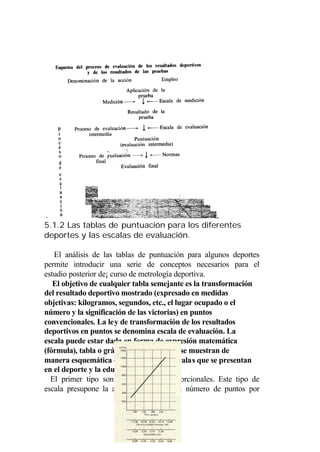 .
5.1.2 Las tablas de puntuación para los diferentes
deportes y las escalas de evaluación.

   El análisis de las tablas de puntuación para algunos deportes
permite introducir una serie de conceptos necesarios para el
estudio posterior de¡ curso de metrología deportiva.
   El objetivo de cualquier tabla semejante es la transformación
del resultado deportivo mostrado (expresado en medidas
objetivas: kilogramos, segundos, etc., el lugar ocupado o el
número y la significación de las victorias) en puntos
convencionales. La ley de transformación de los resultados
deportivos en puntos se denomina escala de evaluación. La
escala puede estar dada en forma de expresión matemática
(fórmula), tabla o gráfico. En la figura 25 se muestran de
manera esquemática 4 tipos básicos de escalas que se presentan
en el deporte y la educación física.
  El primer tipo son las escalas proporcionales. Este tipo de
escala presupone la adjudicación de igual número de puntos por
 