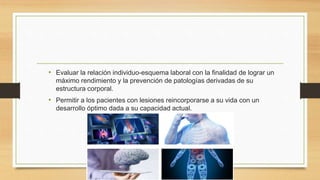 • Evaluar la relación individuo-esquema laboral con la finalidad de lograr un
máximo rendimiento y la prevención de patologías derivadas de su
estructura corporal.
• Permitir a los pacientes con lesiones reincorporarse a su vida con un
desarrollo óptimo dada a su capacidad actual.
 
