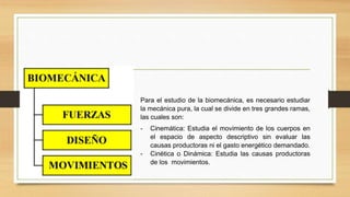Para el estudio de la biomecánica, es necesario estudiar
la mecánica pura, la cual se divide en tres grandes ramas,
las cuales son:
- Cinemática: Estudia el movimiento de los cuerpos en
el espacio de aspecto descriptivo sin evaluar las
causas productoras ni el gasto energético demandado.
- Cinética o Dinámica: Estudia las causas productoras
de los movimientos.
 