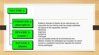 Estática: Estudia el diseño de las estructuras y la
respuesta de las mismas ante las cargas aplicadas
Se apoya en las siguientes ciencias:
Mecánica
Ingeniera
Anatomía
Fisiología
Las principales áreas de la biomecánica son:
Medica: Analiza las patologías que aquejan al cuerpo
humano y establece soluciones capaces de resolver
dichas patologías.
 