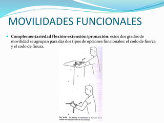 MOVILIDADES FUNCIONALES
 Complementariedad flexión-extensión/pronación: estos dos grados de
movilidad se agrupan para dar dos tipos de opciones funcionales: el codo de fuerza
y el codo de finura.
 