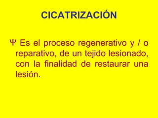 CICATRIZACIÓN
Ψ Es el proceso regenerativo y / o
reparativo, de un tejido lesionado,
con la finalidad de restaurar una
lesión.

 