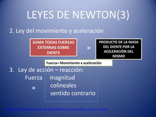 LEYES DE NEWTON(3)
  2. Ley del movimiento y aceleración
                      SUMA TODAS FUERZAS                                       PRODUCTO DE LA MASA
                        EXTERNAS SOBRE                              =            DEL DIENTE POR LA
                                                                                 ACELERACIÓN DEL
                            DIENTE
                                                                                      MISMO
                                  Fuerza= Movimiento x aceleración
  3. Ley de acción – reacción:
       Fuerza magnitud
          =      colineales
                 sentido contrario

http://es.wikipedia.org/wiki/Leyes_de_Newton#Primera_ley_de_Newton_o_Ley_de_la_inercia
 