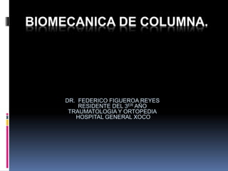 BIOMECANICA DE COLUMNA. 
DR. FEDERICO FIGUEROA REYES 
RESIDENTE DEL 3ER AÑO 
TRAUMATOLOGIA Y ORTOPEDIA 
HOSPITAL GENERAL XOCO 
 