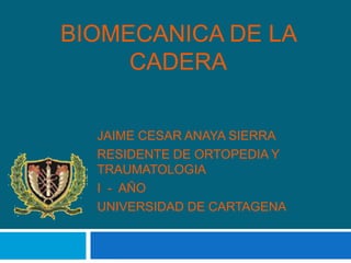 BIOMECANICA DE LA
CADERA
JAIME CESAR ANAYA SIERRA
RESIDENTE DE ORTOPEDIA Y
TRAUMATOLOGIA
I - AÑO
UNIVERSIDAD DE CARTAGENA
 