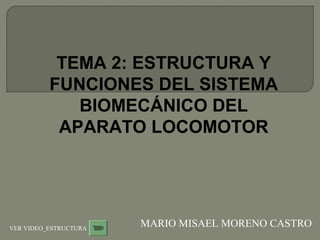 TEMA 2: ESTRUCTURA Y
FUNCIONES DEL SISTEMA
BIOMECÁNICO DEL
APARATO LOCOMOTOR
MARIO MISAEL MORENO CASTROVER VIDEO_ESTRUCTURA
 