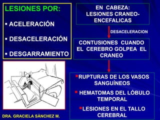 DRA. GRACIELA SÁNCHEZ M.
LESIONES POR:
 ACELERACIÓN
 DESACELERACIÓN
 DESGARRAMIENTO
EN CABEZA:
LESIONES CRANEO-
ENCEFALICAS
DESACELERACION
CONTUSIONES CUANDO
EL CEREBRO GOLPEA EL
CRANEO
RUPTURAS DE LOS VASOS
SANGUÍNEOS
 HEMATOMAS DEL LÓBULO
TEMPORAL
LESIONES EN EL TALLO
CEREBRAL
 