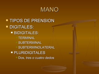 MMAANNOO 
 TTIIPPOOSS DDEE PPRREENNSSIIOONN 
 DDIIGGIITTAALLEESS:: 
 BBIIDDIIGGIITTAALLEESS:: 
 TTEERRMMIINNAALL 
 SSUUBBTTEERRMMIINNAALL 
 SSUUBBTTEERRMMIINNOOLLAATTEERRAALL 
 PPLLUURRIIDDIIGGIITTAALLEESS 
 DDooss,, ttrreess oo ccuuaattrroo ddeeddooss 
 