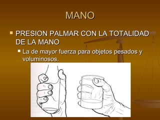 MMAANNOO 
 PPRREESSIIOONN PPAALLMMAARR CCOONN LLAA TTOOTTAALLIIDDAADD 
DDEE LLAA MMAANNOO 
 LLaa ddee mmaayyoorr ffuueerrzzaa ppaarraa oobbjjeettooss ppeessaaddooss yy 
vvoolluummiinnoossooss.. 
 