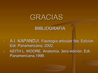 GGRRAACCIIAASS 
BBIIBBLLIIOOGGRRAAFFIIAA 
11.. AA..II.. KKAAPPAANNDDJJII.. FFiissiioollooggííaa aarrttiiccuullaarr 55ttaa.. EEddiicciióónn.. 
EEddtt.. PPaannaammeerriiccaannaa,, 22000022.. 
22.. KKEEIITTHH LL.. MMOOOORREE.. AAnnaattoommiiaa,, 33eerraa eeddiicciióónn.. EEddtt.. 
PPaannaammeerriiccaannaa,,11999966.. 
