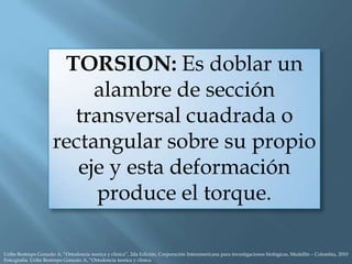 TORSION: Es doblar un
alambre de sección
transversal cuadrada o
rectangular sobre su propio
eje y esta deformación
produce el torque.
Uribe Restrepo Gonzalo A, “Ortodoncia teorica y clinica”, 2da Edición, Corporación Interamericana para investigaciones biológicas, Medellín – Colombia, 2010
Foto:grafía: Uribe Restrepo Gonzalo A, “Ortodoncia teorica y clinica
 