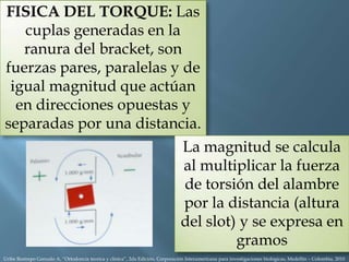 FISICA DEL TORQUE: Las
cuplas generadas en la
ranura del bracket, son
fuerzas pares, paralelas y de
igual magnitud que actúan
en direcciones opuestas y
separadas por una distancia.
Uribe Restrepo Gonzalo A, “Ortodoncia teorica y clinica”, 2da Edición, Corporación Interamericana para investigaciones biológicas, Medellín – Colombia, 2010
La magnitud se calcula
al multiplicar la fuerza
de torsión del alambre
por la distancia (altura
del slot) y se expresa en
gramos
 