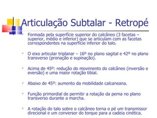 Articulação Subtalar - Retropé Formada pela superfície superior do calcâneo (3 facetas – superior, médio e inferior) que se articulam com as facetas correspondentes na superfície inferior do talo. O eixo articular triplanar – 16º no plano sagital e 42º no plano transverso (pronação e supinação). Acima de 45º: redução do movimento do calcâneo (inversão e eversão) e uma maior rotação tibial. Abaixo de 45º: aumento da mobilidade calcaneana. Função primordial de permitir a rotação da perna no plano transverso durante a marcha. A rotação do talo sobre o calcâneo torna o pé um transmissor direcional e um conversor do torque para a cadeia cinética.  