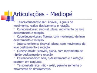 Articulações - Mediopé Talocalcaneonavicular: sinovial, 3 graus de movimento, realiza deslizamento e rotação. Cuneonavicular: sinovial, plana, movimento de leve deslizamento e rotação. Cuboideonavicular: fibrosa, com movimento de leve deslizamento e rotação. Intercuneiforme: sinovial, plana, com movimento de leve deslizamento e rotação. Cuneocubóide: sinovial, plana, com movimento de rápido deslizamento e rotação. Calcaneocubóide: sela, o deslizamento e a rotação ocorrem em conjunto. Tarsometatársica: não - axial, permite somente o movimento de deslizamento.  