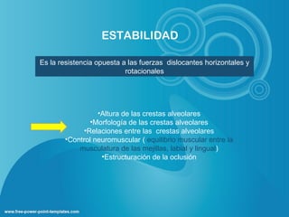 ESTABILIDAD

Es la resistencia opuesta a las fuerzas dislocantes horizontales y
                           rotacionales




                 •Altura de las crestas alveolares
               •Morfología de las crestas alveolares
             •Relaciones entre las crestas alveolares
       •Control neuromuscular ( equilibrio muscular entre la
           musculatura de las mejillas, labial y lingual)
                  •Estructuración de la oclusión
 