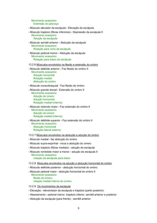 Movimento acessório: 
Extensão do pescoço 
- Músculo elevador da escápula - Elevação da escápula 
- Músculo trapézio (fibras inferiores) - Depressão da escápula II 
Movimento acessório: 
9 
Adução da escápula 
- Músculo serrátil anterior - Abdução da escápula 
Movimento acessório: 
Rotação para cima da escápula 
- Músculo peitoral menor - Abdução da escápula 
Movimento acessório: 
Rotação para baixo da escápula 
13.2.6 Músculos envolvidos na flexão e extensão do ombro 
- Músculo deltóide anterior - Faz flexão do ombro II 
Movimento acessório: 
Adução horizontal 
Rotação medial 
Abdução do ombro 
- Músculo coracobraquial - Faz flexão do ombro 
- Músculo grande dorsal - Extensão do ombro II 
Movimento acessório: 
Adução do úmero 
Adução horizontal 
Rotação medial (interna) 
- Músculo redondo maior - Faz extensão do ombro II 
Movimento acessório: 
Adução do úmero 
Rotação medial (interna) 
- Músculo deltóide superior - Faz extensão do ombro II 
Movimento acessório: 
Abdução horizontal 
Rotação lateral externa 
13.2.7 Músculos envolvidos na abdução e adução do ombro 
- Músculo medial - faz abdução do ombro 
- Músculo supra-espinhal - inicia a abdução do úmero 
- Músculo trapézio (fibras mediais) - adução da escápula 
- Músculo rombóide maior e menor - adução da escápula II 
Movimento acessório: 
rotação da escápula para baixo 
13.2.8. Músculos envolvidos na adução e abdução horizontal do ombro 
- Músculo deltóide posterior - abdução horizontal do ombro 
- Músculo peitoral maior - abdução horizontal do ombro II 
Movimento acessório: 
flexão do úmero 
rotação medial interna do úmero 
13.2.9. Os movimentos da escápula 
- Elevação - elevantador da escápula e trapézio (parte posterior) 
- Abaixamento - peitoral menor, trapézio inferior, serrátil anterior e posterior 
- Abdução da escápula (para frente) - serrátil anterior 
 