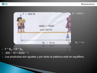 Biomecánica



                                                             R = 8000 N




                                                                BR = 1 m

   F * BM = R * BR
   800 * 10 = 8000 * 1
   Los productos son iguales y por tanto la palanca está en equilibrio.
 