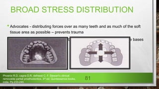 BROAD STRESS DISTRIBUTION
•Advocates - distributing forces over as many teeth and as much of the soft
tissue area as possible – prevents trauma
•Additional rests and clasp assemblies and broad coverage of denture bases
Phoenix R.D, cagna D.R, defreest C. F. Stewart’s clinical
removable partial prosthodontics, 3rd ed. Quintessence books,
india. Pp.233-240.
81
 
