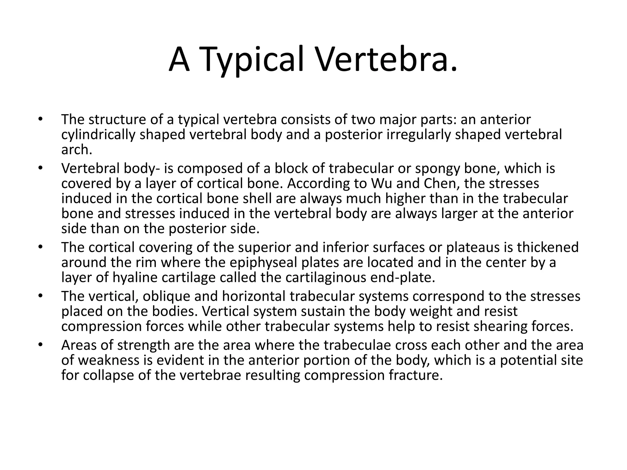 A Typical Vertebra.
• The structure of a typical vertebra consists of two major parts: an anterior
cylindrically shaped vertebral body and a posterior irregularly shaped vertebral
arch.
• Vertebral body- is composed of a block of trabecular or spongy bone, which is
covered by a layer of cortical bone. According to Wu and Chen, the stresses
induced in the cortical bone shell are always much higher than in the trabecular
bone and stresses induced in the vertebral body are always larger at the anterior
side than on the posterior side.
• The cortical covering of the superior and inferior surfaces or plateaus is thickened
around the rim where the epiphyseal plates are located and in the center by a
layer of hyaline cartilage called the cartilaginous end-plate.
• The vertical, oblique and horizontal trabecular systems correspond to the stresses
placed on the bodies. Vertical system sustain the body weight and resist
compression forces while other trabecular systems help to resist shearing forces.
• Areas of strength are the area where the trabeculae cross each other and the area
of weakness is evident in the anterior portion of the body, which is a potential site
for collapse of the vertebrae resulting compression fracture.
 