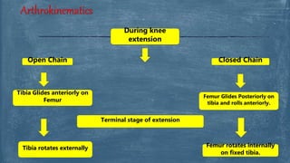 Arthrokinematics
During knee
extension
Open Chain Closed Chain
Tibia Glides anteriorly on
Femur
Femur Glides Posteriorly on
tibia and rolls anteriorly.
Terminal stage of extension
Tibia rotates externally Femur rotates internally
on fixed tibia.
 