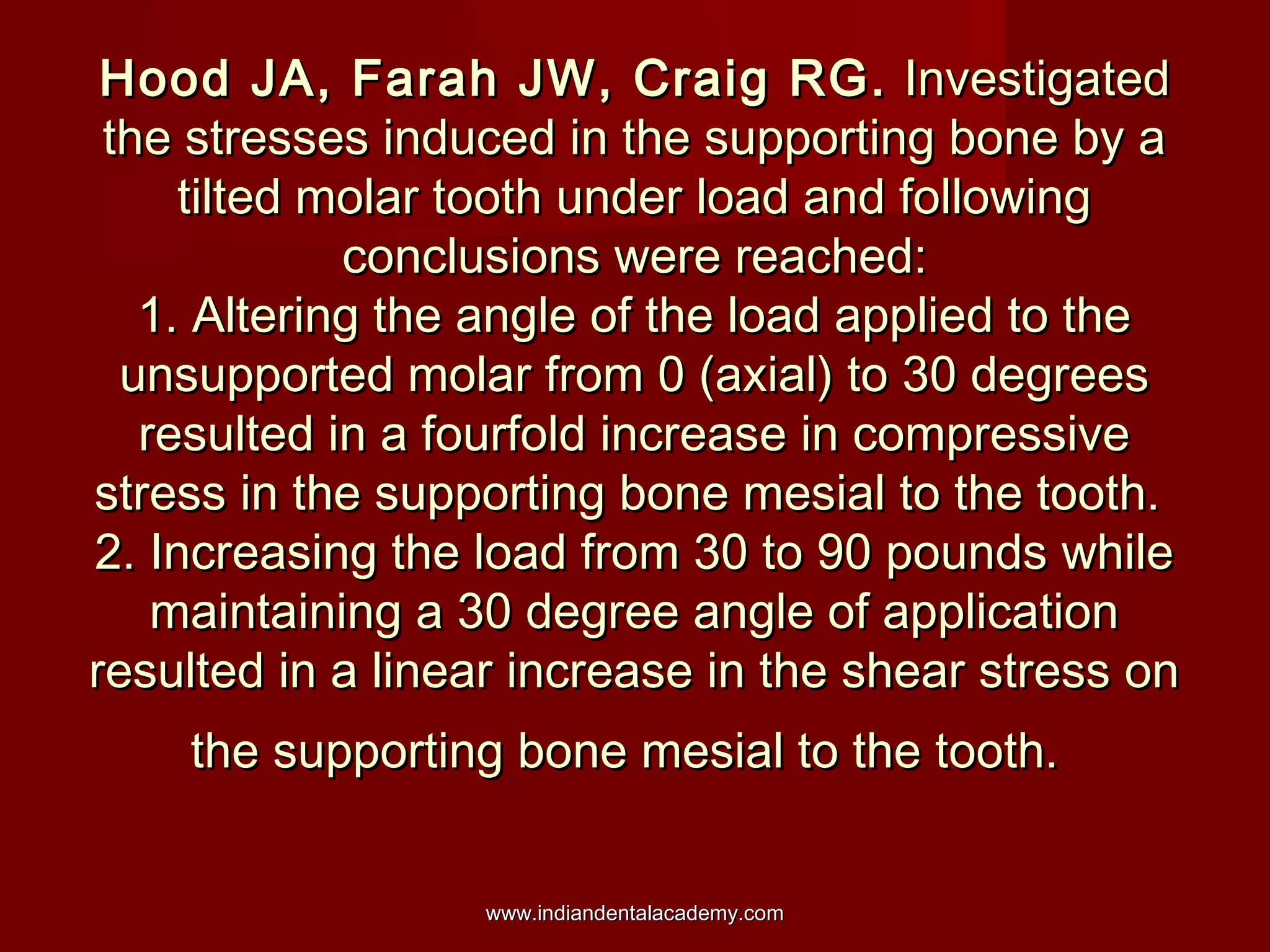 Hood JA, Farah JW, Craig RG. Investigated
the stresses induced in the supporting bone by a
tilted molar tooth under load and following
conclusions were reached:
1. Altering the angle of the load applied to the
unsupported molar from 0 (axial) to 30 degrees
resulted in a fourfold increase in compressive
stress in the supporting bone mesial to the tooth.
2. Increasing the load from 30 to 90 pounds while
maintaining a 30 degree angle of application
resulted in a linear increase in the shear stress on
the supporting bone mesial to the tooth.
www.indiandentalacademy.com

 