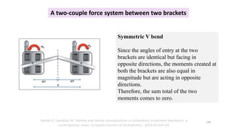 A two-couple force system between two brackets
Symmetric V bend
Since the angles of entry at the two
brackets are identical but facing in
opposite directions, the moments created at
both the brackets are also equal in
magnitude but are acting in opposite
directions.
Therefore, the sum total of the two
moments comes to zero.
108
Nanda R, Upadhya M. Skeletal and dental considerations in orthodontic treatment mechanics: a
contemporary views. European Journal of Orthodontics. 2013;35:634-43.
 