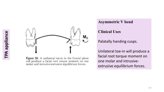 Asymmetric V bend
Clinical Uses
Palatally handing cusps.
Unilateral toe-in will produce a
facial root torque moment on
one molar and intrusive-
extrusive equilibrium forces.
115
TPA
appliance
 