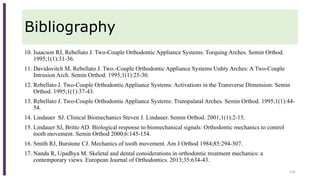 Bibliography
10. Isaacson RJ, Rebellato J. Two-Couple Orthodontic Appliance Systems: Torquing Arches. Semin Orthod.
1995;1(1):31-36.
11. Davidovitch M, Rebellato J. Two.-Couple Orthodontic Appliance Systems Unhty Arches: A Two-Couple
Intrusion Arch. Semin Orthod. 1995;1(1):25-30.
12. Rebellato J. Two-Couple Orthodontic Appliance Systems: Activations in the Transverse Dimension. Semin
Orthod. 1995;1(1):37-43.
13. Rebellato J. Two-Couple Orthodontic Appliance Systems: Transpalatal Arches. Semin Orthod. 1995;1(1):44-
54.
14. Lindauer SJ. Clinical Biomechanics Steven J. Lindauer. Semin Orthod. 2001;1(1):2-15.
15. Lindauer SJ, Britto AD. Biological response to biomechanical signals: Orthodontic mechanics to control
tooth movement. Semin Orthod 2000;6:145-154.
16. Smith RJ, Burstone CJ. Mechanics of tooth movement. Am J Orthod 1984;85:294-307.
17. Nanda R, Upadhya M. Skeletal and dental considerations in orthodontic treatment mechanics: a
contemporary views. European Journal of Orthodontics. 2013;35:634-43.
135
 