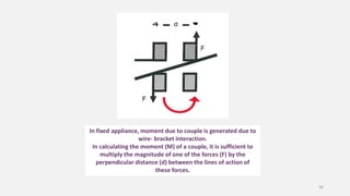 In fixed appliance, moment due to couple is generated due to
wire- bracket interaction.
In calculating the moment (M) of a couple, it is sufficient to
multiply the magnitude of one of the forces (F) by the
perpendicular distance (d) between the lines of action of
these forces.
38
 