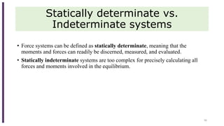 Statically determinate vs.
Indeterminate systems
• Force systems can be defined as statically determinate, meaning that the
moments and forces can readily be discerned, measured, and evaluated.
• Statically indeterminate systems are too complex for precisely calculating all
forces and moments involved in the equilibrium.
96
 