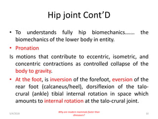 Hip joint Cont’D
• To understands fully hip biomechanics……. the
biomechanics of the lower body in entity.
• Pronation
Is motions that contribute to eccentric, isometric, and
concentric contractions as controlled collapse of the
body to gravity.
• At the foot, is inversion of the forefoot, eversion of the
rear foot (calcaneus/heel), dorsiflexion of the talo-
crural (ankle) tibial internal rotation in space which
amounts to internal rotation at the talo-crural joint.
5/4/2018 10
Why are modern mammals faster than
dinosaurs?
 