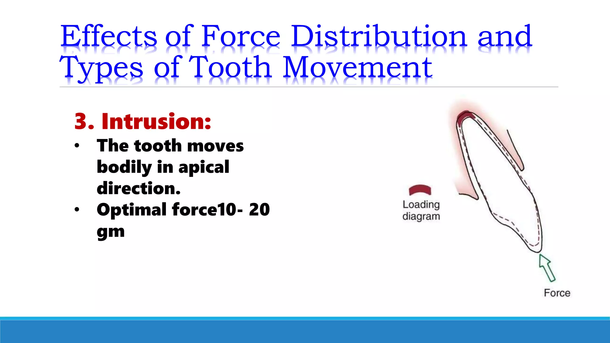 Effects of Force Distribution and
Types of Tooth Movement
3. Intrusion:
• The tooth moves
bodily in apical
direction.
• Optimal force10- 20
gm
 