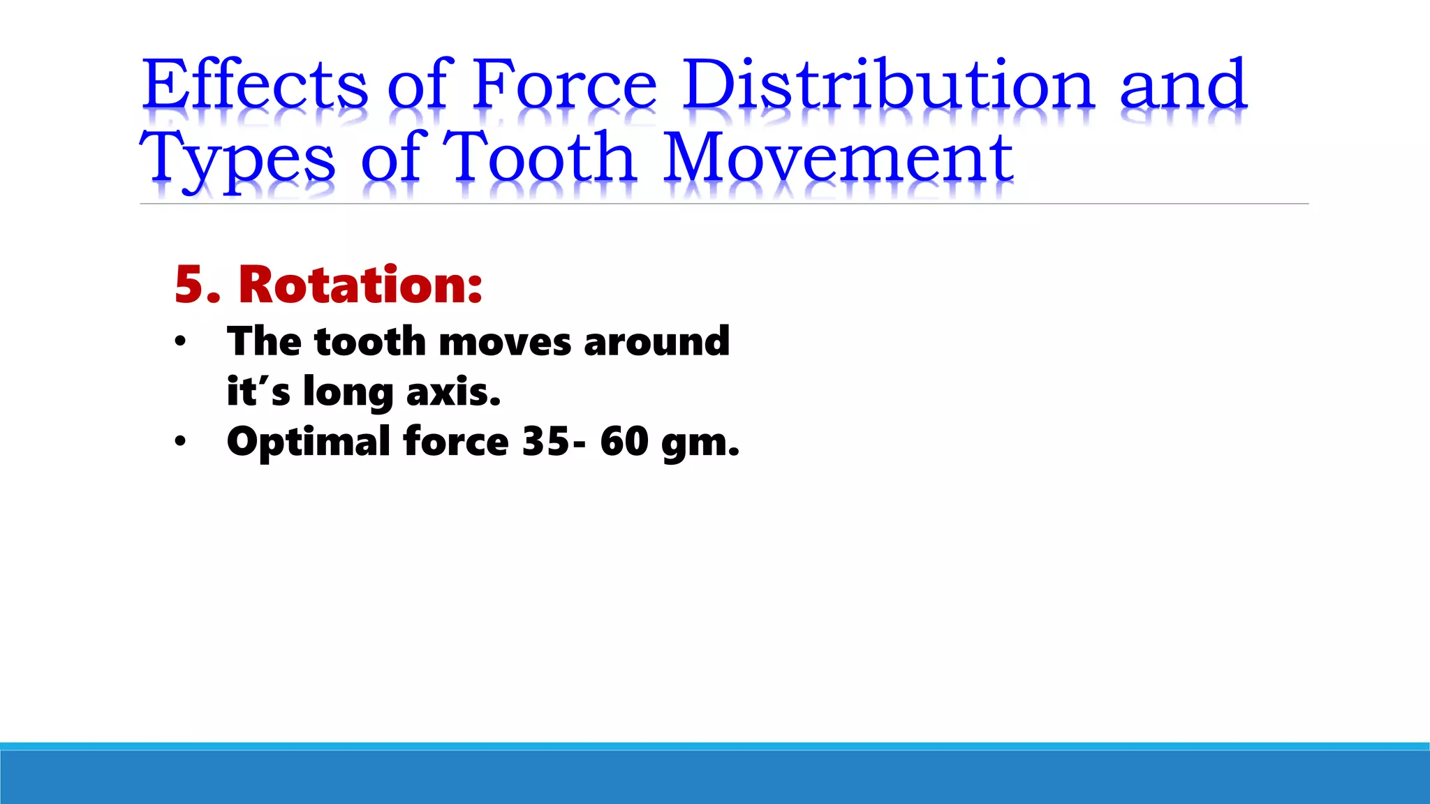 Effects of Force Distribution and
Types of Tooth Movement
5. Rotation:
• The tooth moves around
it’s long axis.
• Optimal force 35- 60 gm.
 