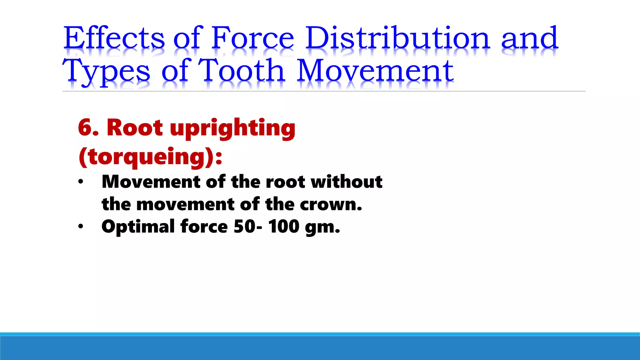 Effects of Force Distribution and
Types of Tooth Movement
6. Root uprighting
(torqueing):
• Movement of the root without
the movement of the crown.
• Optimal force 50- 100 gm.
 