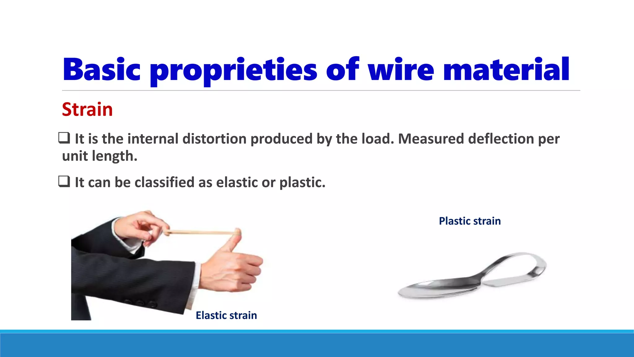 Basic proprieties of wire material
Strain
 It is the internal distortion produced by the load. Measured deflection per
unit length.
 It can be classified as elastic or plastic.
Elastic strain
Plastic strain
 