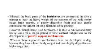 • Whereas the body parts of the herbivores are constructed in such a
manner to bear the heavy weight of the contents of the body cavity
(takes large quantity of poorly digestible food) and also enable
continuous movement for long distances while grazing.
• However, though horse is an herbivore, it is able to run fast and carry
heavy loads for a longer period of time without fatigue due to the
development of passive support mechanisms.
• Whereas these supportive mechanisms have not developed in dog,
because they have a lower body weight and takes highly digestible and
high energy diet.
 