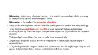 • Kinesiology is the study of animal motion. It is studied by an analysis of the geometry
of limb positions or by a measurement of forces.
• Kinematics is the study of the geometry of motion.
• Study of the moving horse spurred the initial development of motion picture technology.
• Until recently, quantification of cinefilm was an extremely laborious technique
requiring frame by frame tracing of limb positions to provide digitized data for computer
analysis.
• Video analysis now allows this process to be done automatically.
• Angle/angle diagrams usually involve a comparison of the changes in joint angle of
adjacent joints.
• If a joint is painful its range of motion will be decreased and the angle/angle diagram will
appear different than that of normal joints (shortened stride length)
 